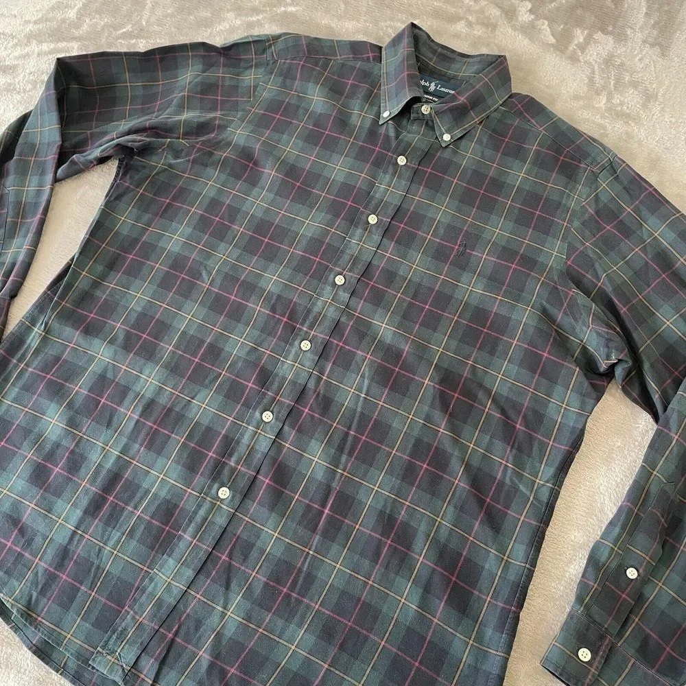Vintage Polo Ralph Lauren Button Down Shirt Men Large Hunter Green Plaid Classic